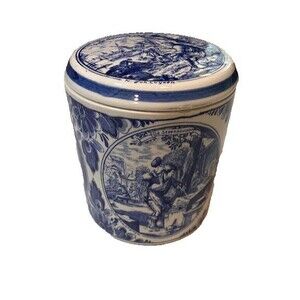 Vintage Delft Blauw White & Blue Handpainted Cache Pot/Jar w/Lid Holland